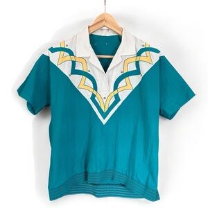 Teal and White Geometric Short Sleeve Shirt